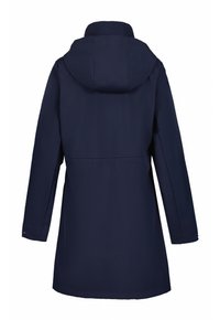 Parka imperméable bleu marine avec capuche, manches longues et coupe droite. Présente un design simple et une texture lisse.