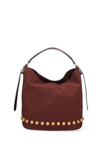 Borse in suede borgogna con forma arrotondata, dotata di manico in pelle marrone e dettagli in oro lungo la parte inferiore.