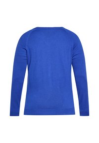 Langärmliger, einfarbiger royalblauer Pullover mit Rundhalsausschnitt und gerippten Bündchen, von hinten auf einem weißen Hintergrund gezeigt.