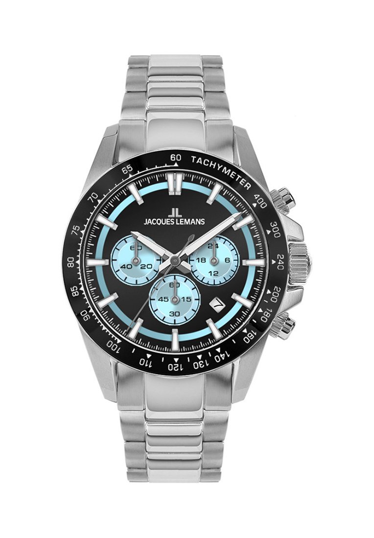 Orologio cronografo in acciaio inossidabile con quadrante nero, subquadranti blu, lunetta tachimetrica e bracciale in acciaio argentato. Notevole per le sue marcature precise.