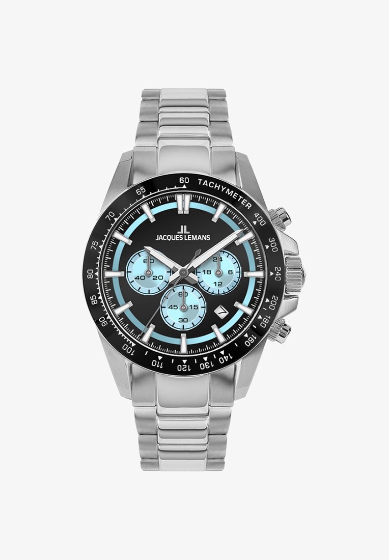 Orologio cronografo in acciaio inossidabile con quadrante nero, subquadranti blu, lunetta tachimetrica e bracciale in acciaio argentato. Notevole per le sue marcature precise.