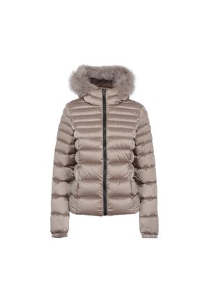 Giubbotto imbottito color beige chiaro con trapuntatura orizzontale, chiusura con zip e cappuccio in pelliccia sintetica. Texture liscia con polsini arricciati.