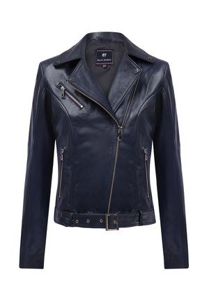 Navy leren motorjack met een diagonale rits, twee voorkruiszakken, een ceintuur in de taille en zilveren hardware-accenten.