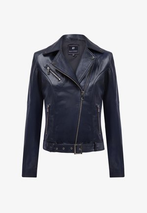 Tumesinine nahast mootorrattajope, millel on diagonaalne tõmblukk, kaks esist pocketit, vöökoht ja hõbedased korrosioonikindlad elemendid.