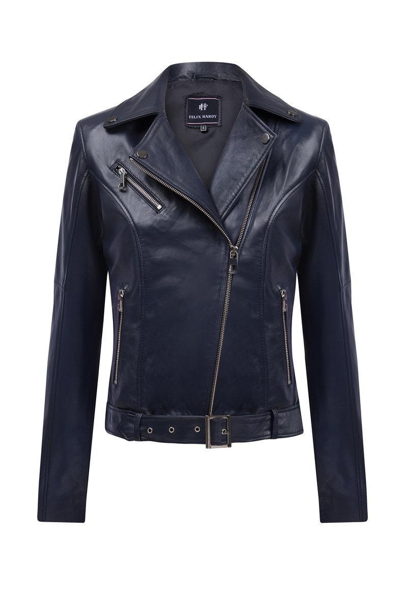 Giacca da motociclista in pelle blu navy con cerniera obliqua, due tasche frontali, vita con cinturino e dettagli in metallo argentato.