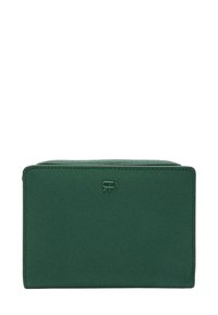 Zielony portfel z tkaniny o gładkiej fakturze, prostokątnym kształcie i subtelnym logo w rogu; posiada zamek błyskawiczny.
