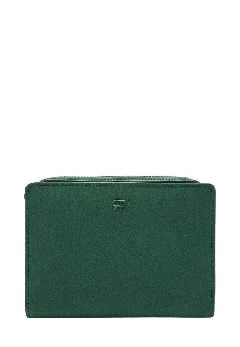 Zielony portfel z tkaniny o gładkiej fakturze, prostokątnym kształcie i subtelnym logo w rogu; posiada zamek błyskawiczny.