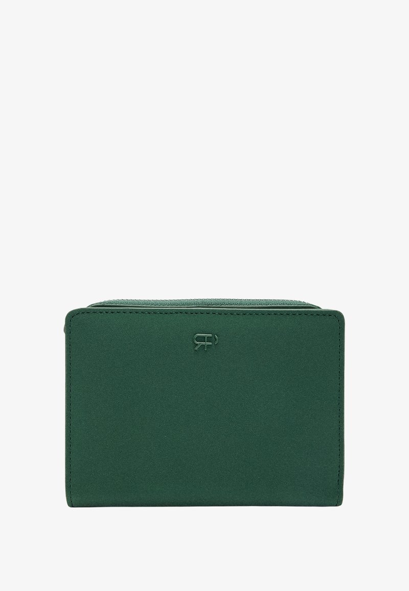 Zielony portfel z tkaniny o gładkiej fakturze, prostokątnym kształcie i subtelnym logo w rogu; posiada zamek błyskawiczny.