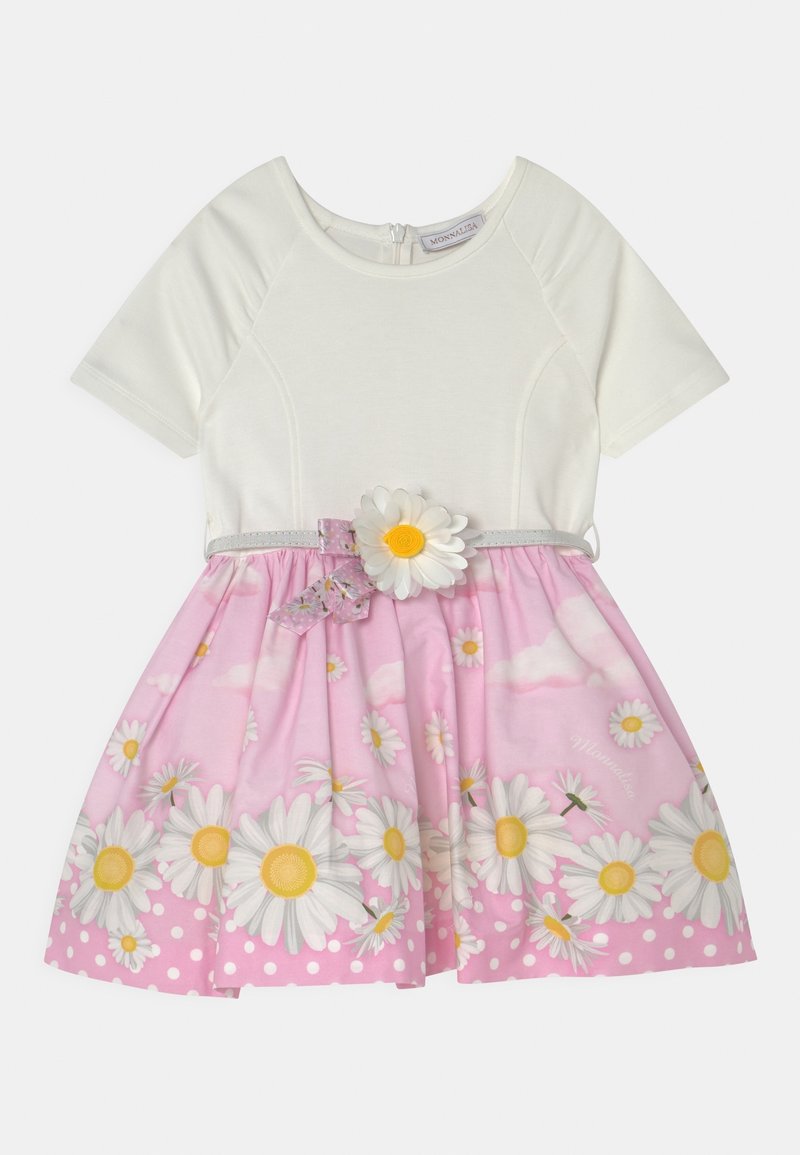 Kurzärmeliges Kleid mit einem weißen Oberteil und einem rosa, floral gemusterten Rock. Besitzt Gänseblümchen, Punkte und einen dekorativen Blumen-Gürtel.