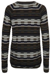 Neulottu pitkähihaisen villapaita, jossa vaakasuora raidallinen kuvio ruskean, harmaan ja laivastonsinisen sävyissä. Resorireunus kauluksessa ja helmassa. Koristeellinen viimeistely.