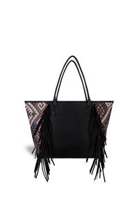 Black leather tote bag with colorful patterned fabric on sides, featuring long black fringe accents and dual handles.