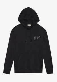 Schwarzer Pullover-Hoodie mit Fronttasche, Kordeln und weißem "Your Turn"-Schriftzug-Logo auf der linken Brust.