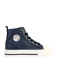 High-top sneakers in dark blue denim with silver accents, round toe, white rubber sole, and eyelets along the lace-up front.
