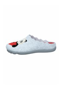 Gray felt slipper with a rounded shape, featuring a cartoon face design in black and red accents. Rubber sole for traction.