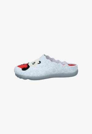 Gray felt slipper with a rounded shape, featuring a cartoon face design in black and red accents. Rubber sole for traction.