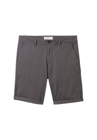Shorts grii din bumbac cu tiv pliat, dotate cu închidere frontală cu nasture, două buzunare laterale și o textură subtilă.