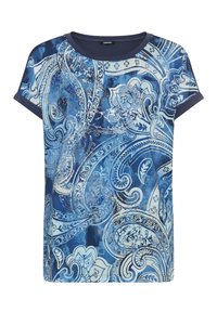 Blaue T-Shirt mit Paisleymuster aus weichem Stoff, mit kurzen Ärmeln und rundem Halsausschnitt. Enthält goldene Akzente im Design.