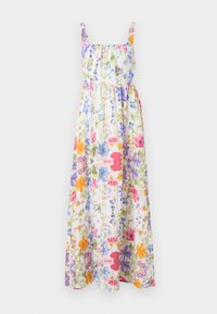 Robe maxi florale avec encolure élastiquée et bretelles, ornée de fleurs colorées sur un fond clair. Tissu fluide, coupe décontractée.
