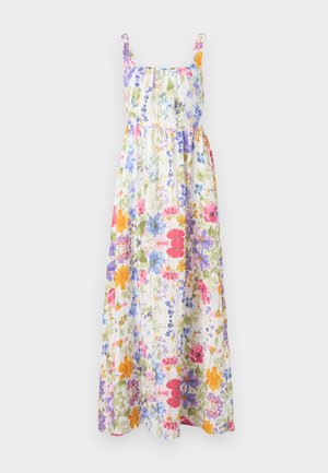 Floral Maxi-Kleid mit elastischem Halsauschnitt und Trägern, verziert mit bunten Blumen auf einem hellen Hintergrund. Fließender Stoff, lockere Passform.