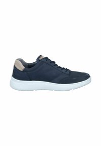 Navy blue leather sneaker with a white rubber sole and beige accents, featuring round laces and smooth texture throughout.