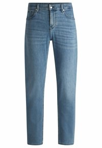 I jeans in denim blu chiaro presentano un design a gamba dritta, cinque tasche e una zip frontale visibile con bottone metallico. Fini sfumature sono state applicate.