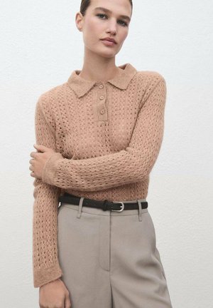 Pull en maille marron clair avec un col, présentant un motif texturé et une patte de boutonnage ; associé à un pantalon taille haute gris et une ceinture noire.