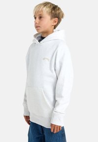 Felpa con cappuccio in cotone grigio chiaro, con tasca frontale, polsini a coste e un sottile logo ricamato in oro. Vestibilità rilassata con una consistenza morbida.