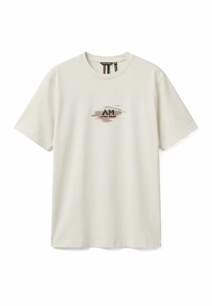 Camiseta de manga corta y cuello redondo en color blanco hueso, con un pequeño logotipo abstracto en tonos marrón claro y negro, y el texto "ANTONY MORATO" centrado en el pecho.