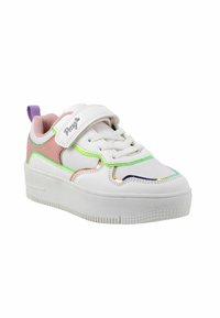 Sneaker bianco con accenti rosa e verdi, dettagli riflettenti, suola spessa e una cinghia in Velcro. Presenta un colletto imbottito e un design con lacci.