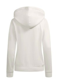 White hooded sweatshirt with a smooth texture, ribbed cuffs and hem, featuring a straightforward design and no visible logos or patterns.