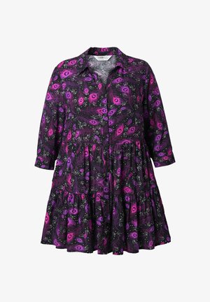 Black dress with purple and pink peacock feather pattern, button-down front, collar, 3/4 sleeves, and tiered skirt.