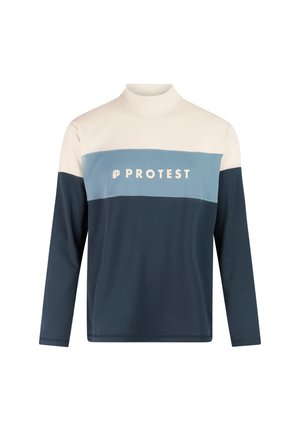 Long-sleeve t-shirt with color blocks in cream, blue, and dark navy, featuring the word "PROTEST" across the chest in white letters.