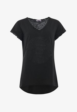 Black T-shirt with a V-neck, short sleeves, frayed edges, and textured embossed text in a circular pattern on the front.