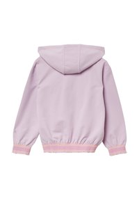 Licht lila hoodie met een capuchon, gathered elastische zoom en gebreide roze accenten bij de manchetten en zoom. Glad materiaal, casual pasvorm.