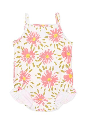 Tutina bianca per neonati con motivi di margherite rosa e gialle, con sottili spalline e aperture arricciate per le gambe.