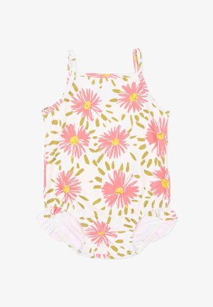 Biały pajacyk niemowlęcy z różowymi i żółtymi wzorami stokrotek, z cienkimi ramiączkami na ramiona i marszczonymi wycięciami na nogi.