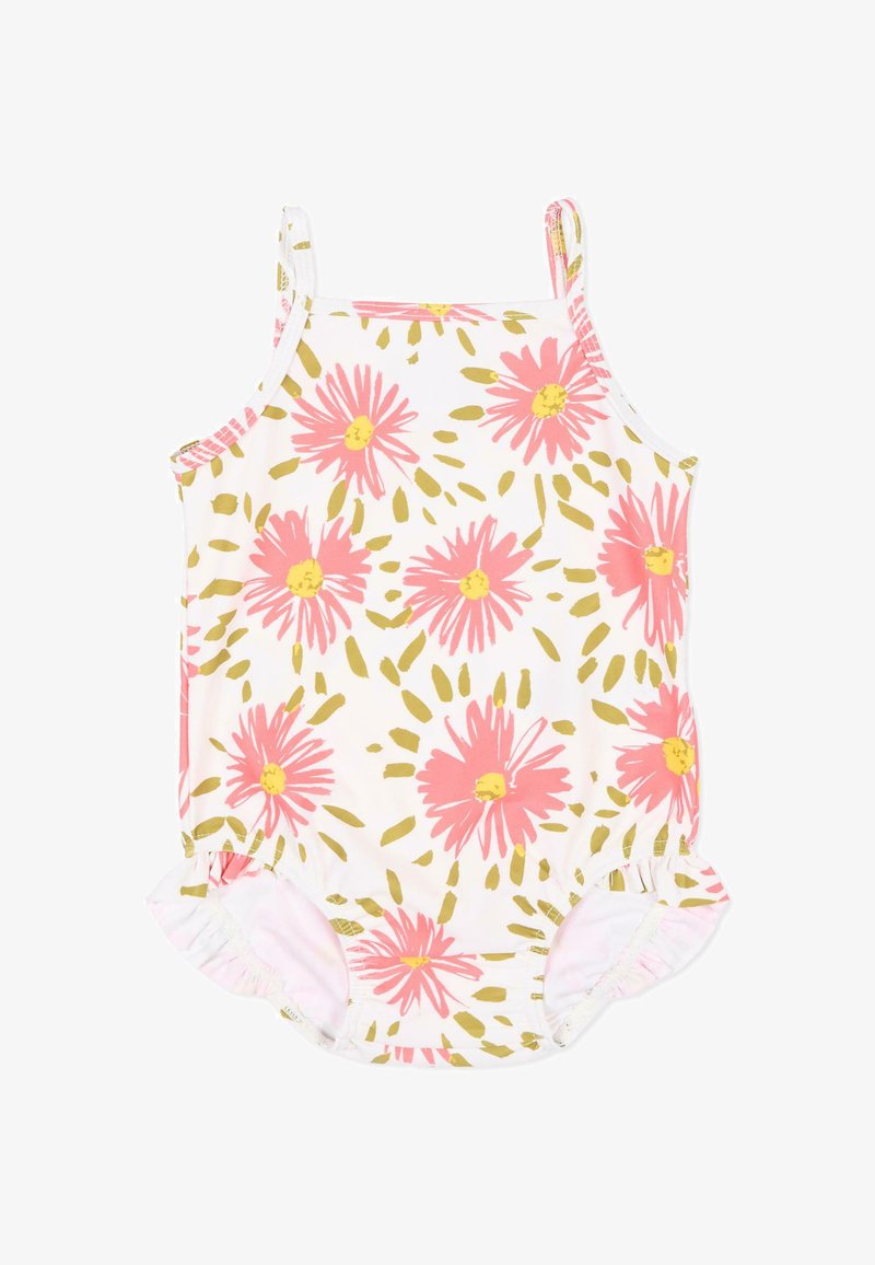 Biały pajacyk niemowlęcy z różowymi i żółtymi wzorami stokrotek, z cienkimi ramiączkami na ramiona i marszczonymi wycięciami na nogi.