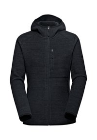 Black fleece jacket with a hood, zippered front, and two side pockets. Features a textured fabric and subtle branding on the chest.