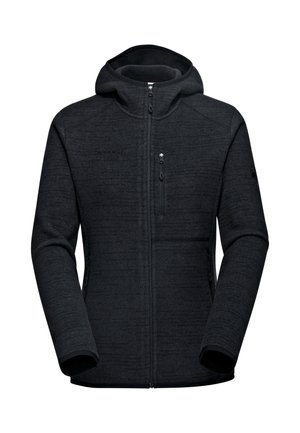 Black fleece jacket with a hood, zippered front, and two side pockets. Features a textured fabric and subtle branding on the chest.