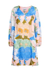 Pitkähihainen mekko V-pääntiellä, jossa on suuria kukkakuosia sinisessä, vihreässä, persikassa ja valkoisessa vaaleanpunaisella taustalla.