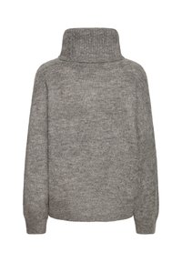 Pull en maille gris doux à manches longues avec un col roulé épais et plié, vu de dos sur fond blanc.