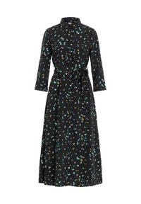 Černé šaty na knoflíky s páskem v pase, s barevným květinovým a geometrickým vzorem. Dlouhé rukávy a splývavý střih. Hladká textura látky.