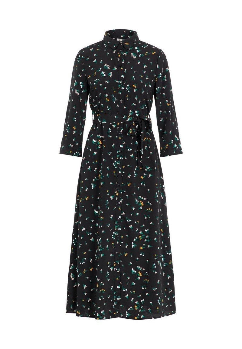Černé šaty na knoflíky s páskem v pase, s barevným květinovým a geometrickým vzorem. Dlouhé rukávy a splývavý střih. Hladká textura látky.