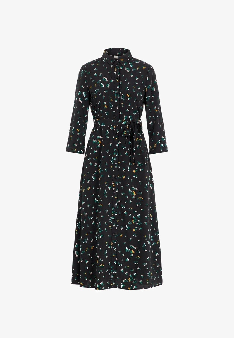 Černé šaty na knoflíky s páskem v pase, s barevným květinovým a geometrickým vzorem. Dlouhé rukávy a splývavý střih. Hladká textura látky.