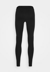 Schwarze Leggings mit einem schlanken, eng anliegenden Design. Glatte Textur mit hohem Bund und ohne sichtbare Nähte oder Akzente auf der Rückseite.