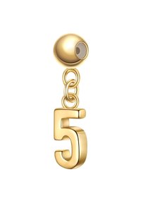 Zlato toniran charme z stilizirano številko "5", pritrjeno na okroglo kroglico z verižnim obročkom. Gladka površina z odsevnimi površinami.