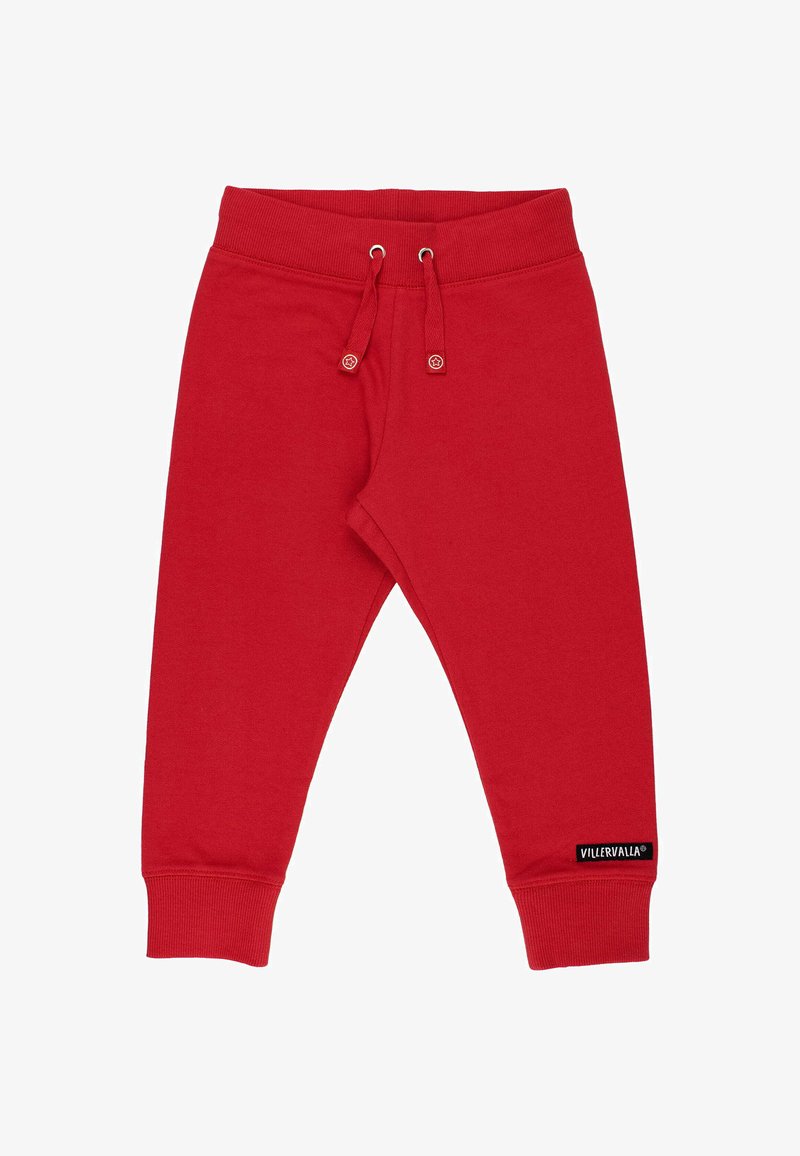Röda sweatpants av mjukt material, med elastisk midja och dragsko samt ribbade muddar. Inkluderar en liten varumärkesetikett på sidan.