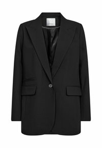Black tailored blazer, made of smooth fabric, features a notched lapel, single button closure, and two front pockets with flat trim.