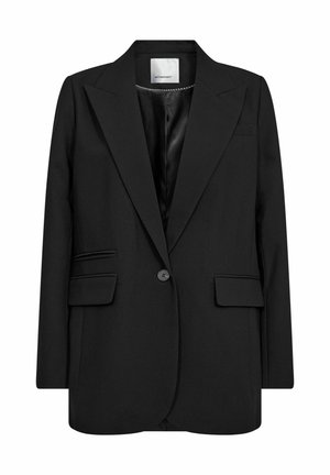 Black tailored blazer, made of smooth fabric, features a notched lapel, single button closure, and two front pockets with flat trim.