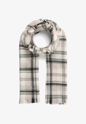 Szalik w kratę wykonany z miękkiego materiału, w beżowo-czarnym kolorze, z frędzlami i wzorem kratki.